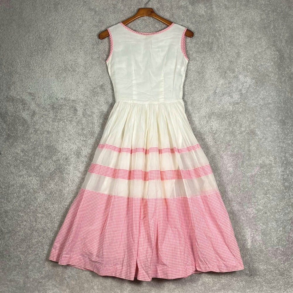 Vintage 50s Pink Gingham Organza Fit and Flare Dress White Sleeveless Midi - Picture 2 of 16